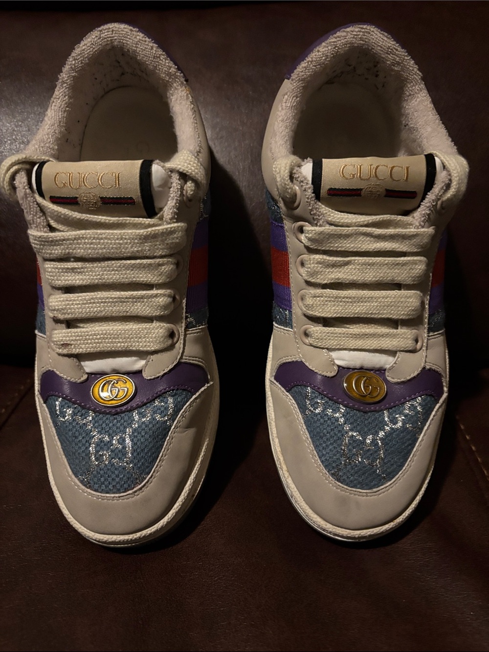 Gucci White Leather Sneakers with Blue Monogram and Purple Accents
